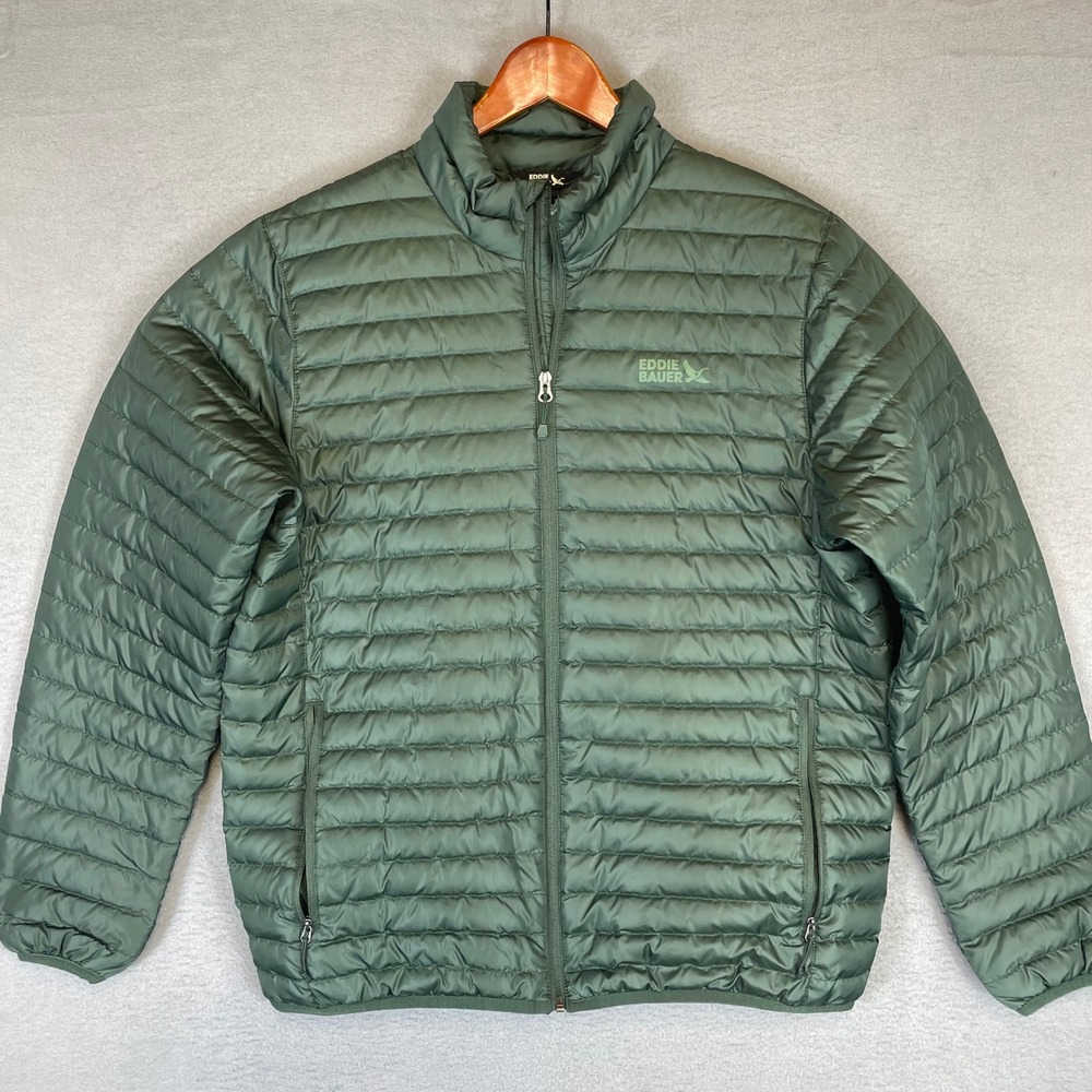 Eddie Bauer Puffer Jacket Mens Size M Green Micro Light 650 Fill Down Quilted